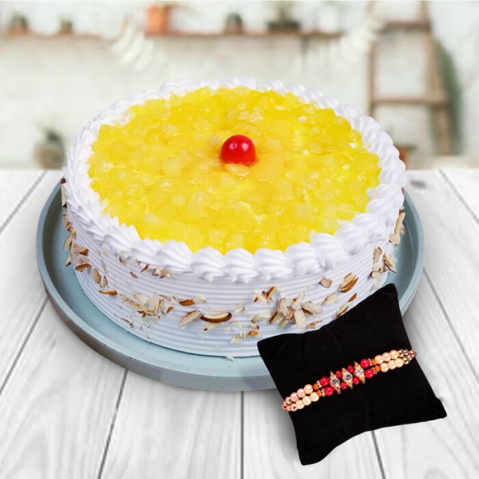 Fresh Pineapple Cream Cake And Two Layer Beads Rakhi